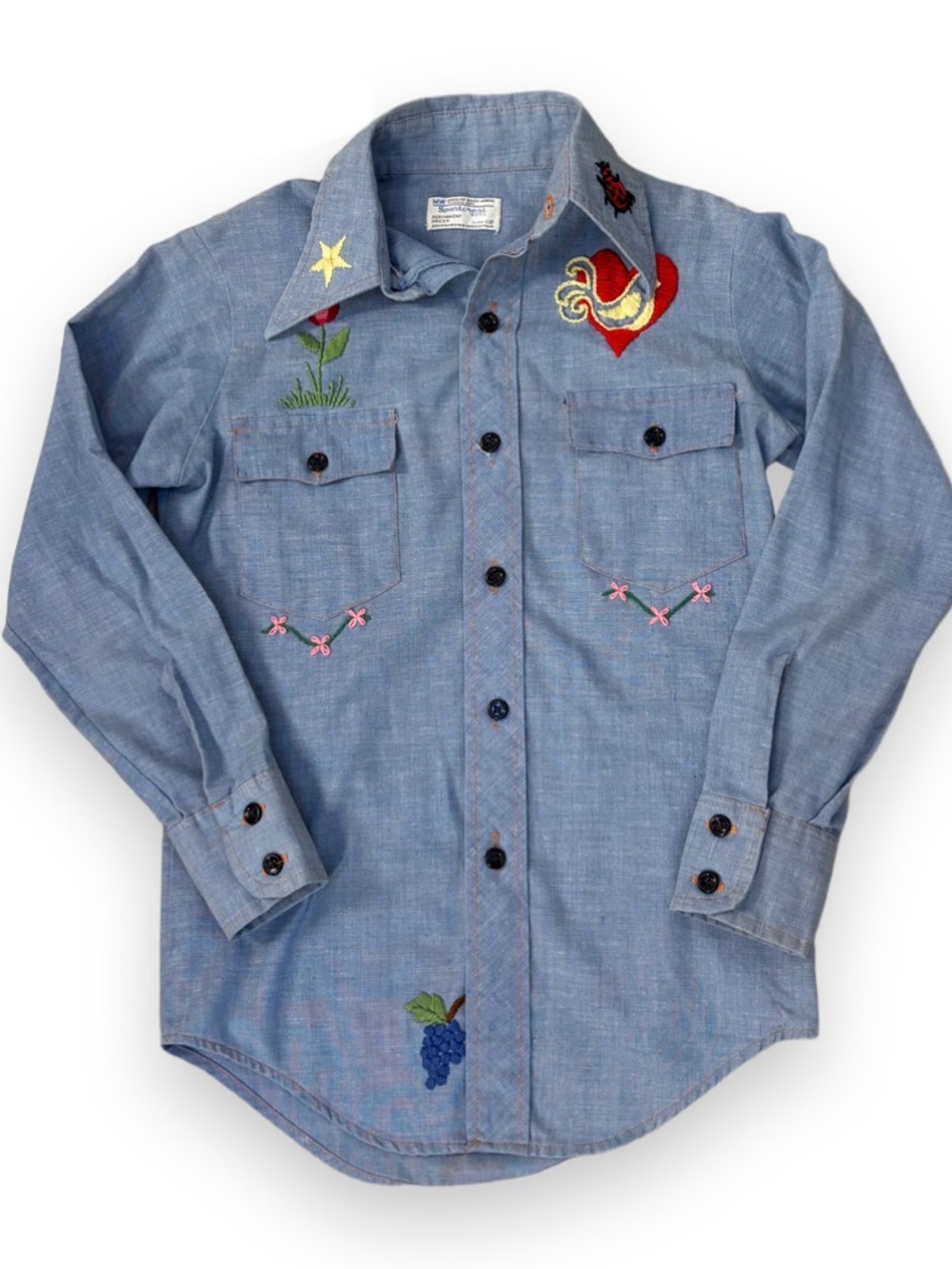 Vintage 70s Chambray Button Up Shirt Western Hand Embroidered Folk Art Youth Lg